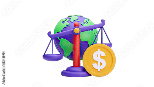 Global Finance Balance: Earth on Scales with Dollar Coin