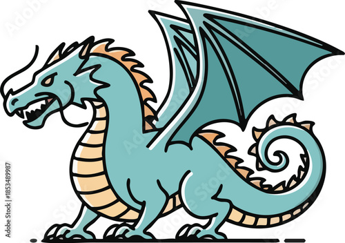 Teal dragon with orange spikes and stripes standing on a black line against a white background with its mouth open and wings spread.