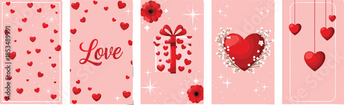Set of romantic Valentine's Day vertical banners featuring red hearts, love typography, gift boxes, floral accents, and sparkles on soft pink backgrounds for social media.