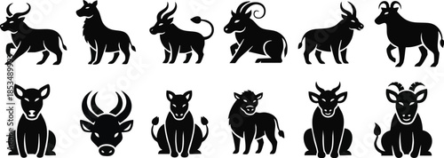 A flat lay of a Shio Tahun icon set featuring various black animal silhouettes on a white background.