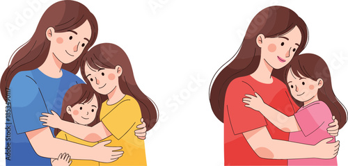 Set of Flat Vector Illustrations Showing a Loving Mother Hugging Her Young Daughters Expressing Care Family Bond and Parental Love Isolated.