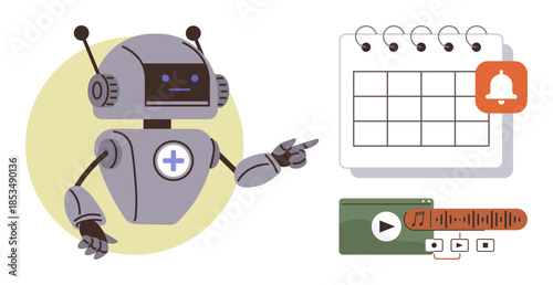 Robot pointing at a planner with a reminder bell and a multimedia player interface. Ideal for task automation, scheduling, productivity, AI integration, digital organization, future technology