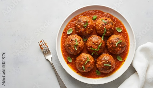 Homemade Meatballs in Rich Marinara Sauce, Flatlay Presentation