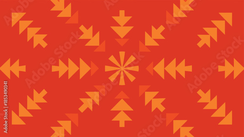 Abstract geometric pattern featuring arrows and triangles in orange and red tones