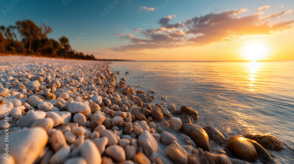 Obraz premium A serene beach scene at sunset, featuring smooth pebbles lining the shore with calm waters reflecting the colorful sky.