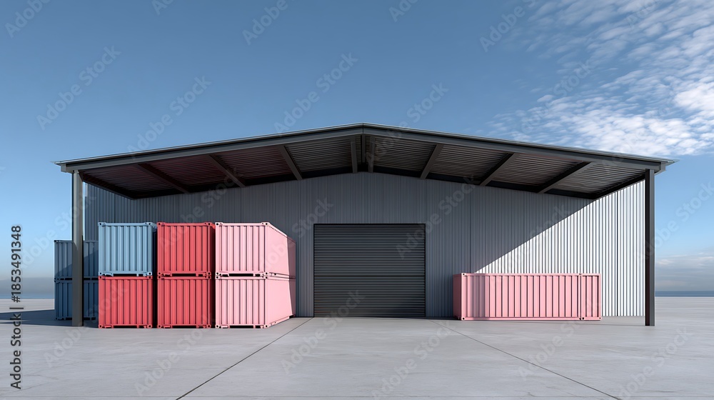 Fototapeta premium Industrial storage facility with shipping containers warehouse exterior view urban landscape