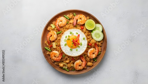 Top-down Flatlay of Delicious Asian Fried Rice with Prawns and Sunny Egg