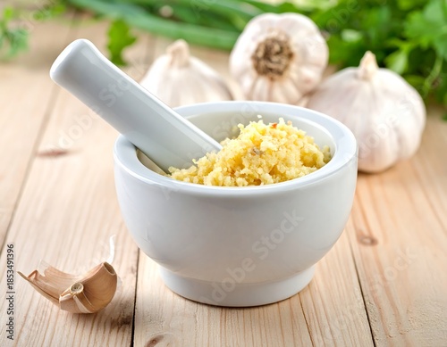Close-up of garlic preparation, fresh ingredients and mortar/pestle