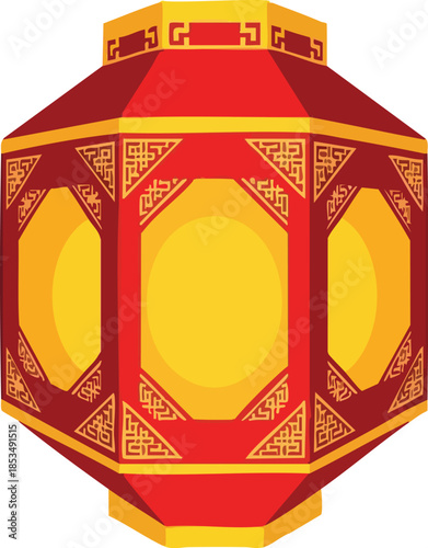 A vibrant red and gold Chinese New Year lantern with intricate designs on a white background, showcasing traditional festive decoration.