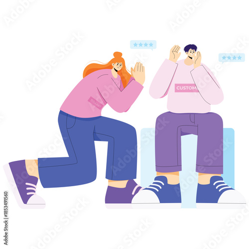 Branding Value Illustration. Vector illustration of Brand representative listening to customer opinions and star ratings, highlighting communication and service improvement. Isolated on background