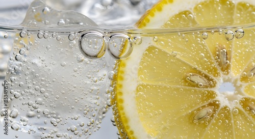 Sparkling water macro shot with fresh lemon slices and ice cubes in glass carbonated beverage with bubbles refreshing summer drink concept cold citrus soda background