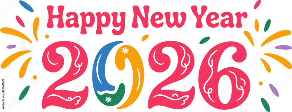 Obraz premium Happy new year 2026 vector illustration design, colorful lettering with festive fireworks background