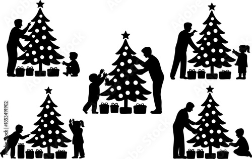 Family decorating christmas tree silhouettes set with children and gifts preparing for holiday celebration