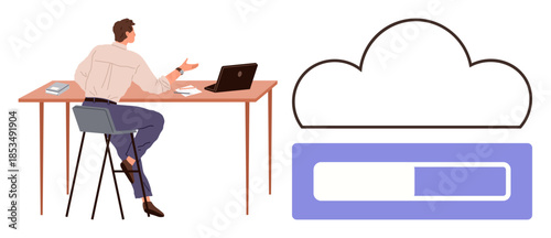 Man seated at desk talking near laptop, cloud upload progress bar adjacent. Ideal for technology, business, cloud storage, remote work, communication, data management IT. Simple flat metaphor