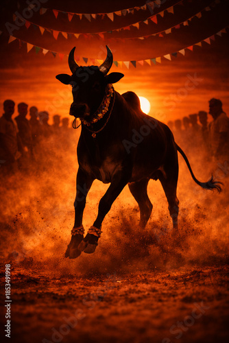 bull standing fiercely between the crowd during sunrise. a  Scene of Jallikattu(festival for bull taming) festival in tamilnadu India 
