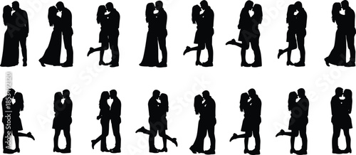Black city skyline silhouettes, diverse people character poses, and romantic couples kissing, featuring urban landscapes, skyscrapers, business, fashion, and love vectors.