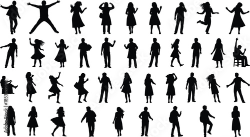 Black city skyline silhouettes, diverse people character poses, and romantic couples kissing, featuring urban landscapes, skyscrapers, business, fashion, and love vectors.