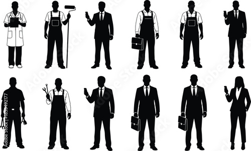 Black city skyline silhouettes, professional worker characters, and romantic kissing couples set, featuring urban landscapes, skyscrapers, diverse occupations, and love.