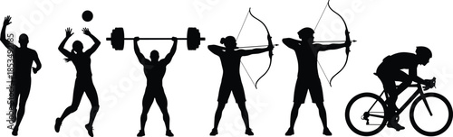 Black city skyline silhouettes, professional worker characters, romantic kissing couples, and sports athlete set featuring urban landscapes, skyscrapers, diverse occupations, love.