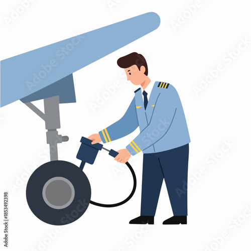 Pilot conducting a pre-flight inspection on an airplane's landing gear and wheel.