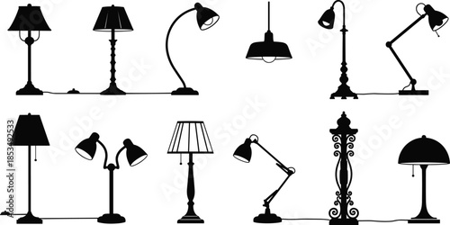 Collection of black lamp silhouettes including floor lamps, desk lights, and pendant fixtures for interior design and home decor vector concepts