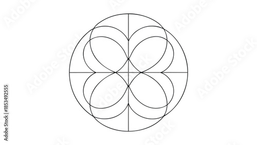 Black and white geometric design with curvilinear shapes and symmetrical arrangement on white background