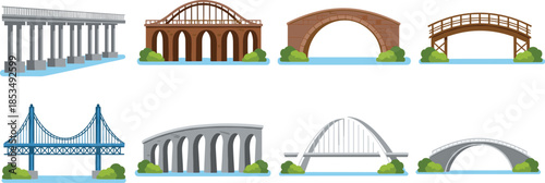 Collection of bridge architecture types including suspension, arch, beam, and viaduct designs for urban infrastructure, transportation, and engineering construction concepts