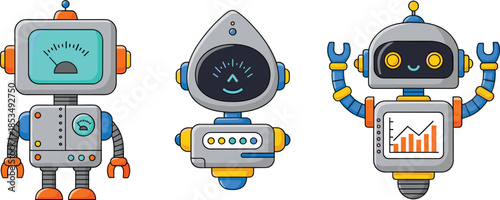 Cute robot characters set with digital screens, friendly faces, and mechanical parts for artificial intelligence, technology, and automation design concepts
