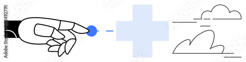 Innovation, technology, healthcare, digital connections, future, artificial intelligence. Robotic hand touching a digital point beside medical cross and clouds. Innovation and technology concepts