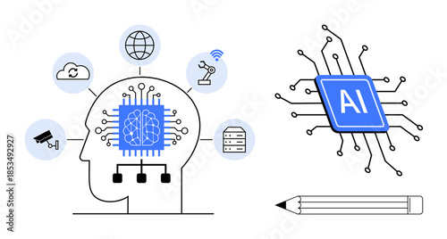 Artificial intelligence, machine learning, innovation, digital technology, automation, neural networks. Brain with AI connections and chip. Artificial intelligence and machine learning concept