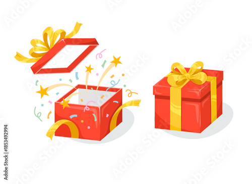 Red gift box and gold ribbon open explodes reveals surprise with stars and confetti. Flat vector illustration.