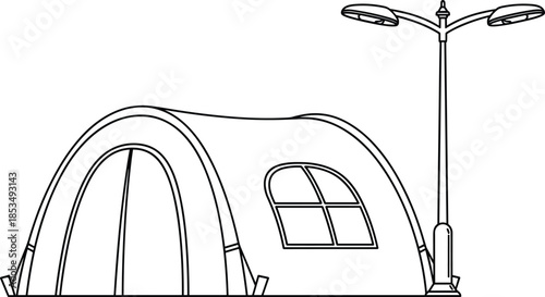 Outdoor camping tent with street lamp line art illustration for coloring book, summer vacation, adventure tourism, and nature leisure activities