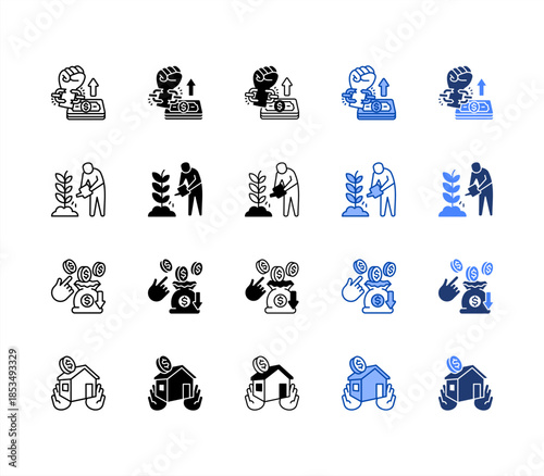 Freedom, Harvest, Income, Real estate multiple style icon set.