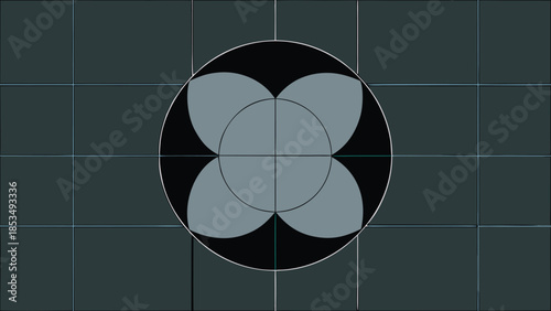 Geometric abstract composition featuring flower shape with grid and minimalist design elements
