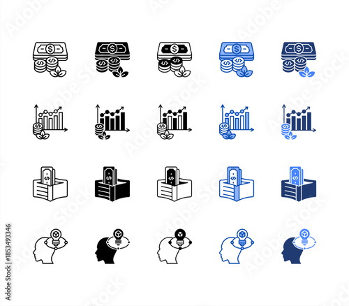 Cash, Bar graph, Wallet, Savvy multiple style icon set.