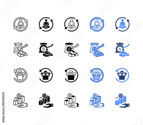 Tranquil, Wealth, Relaxed, Profit multiple style icon set.