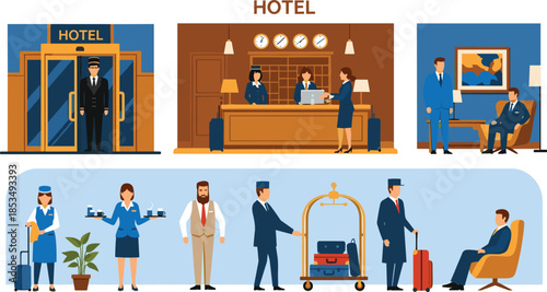 Professional hotel staff set including receptionist, bellhop, doorman, and room service for hospitality industry, luxury travel, and guest accommodation concepts