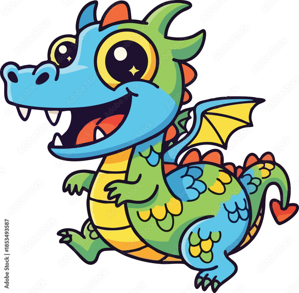 Fototapeta premium A colorful cartoon dragon illustration with a cheerful expression, featuring a mix of blue, green, yellow, and orange hues, against a clean white background.