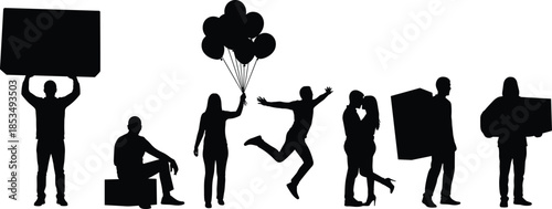 Set of black silhouettes of people wearing traditional ponchos cloaks and dresses carrying shopping bags and boxes on white background