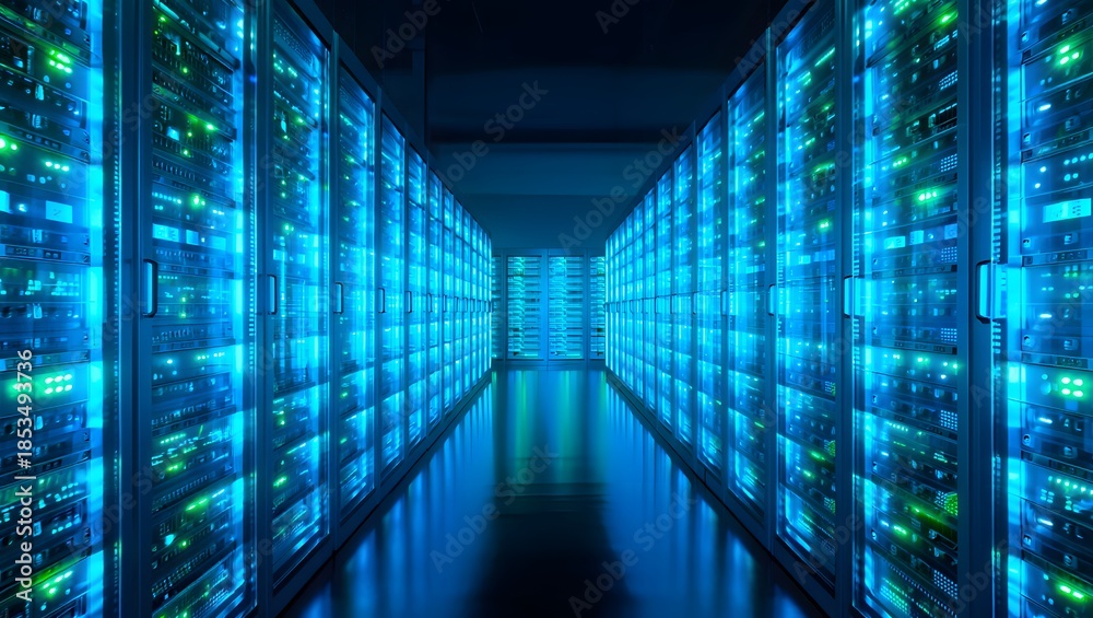 Fototapeta premium Bright blue glowing data center hallway, futuristic server infrastructure, symmetrical clean design