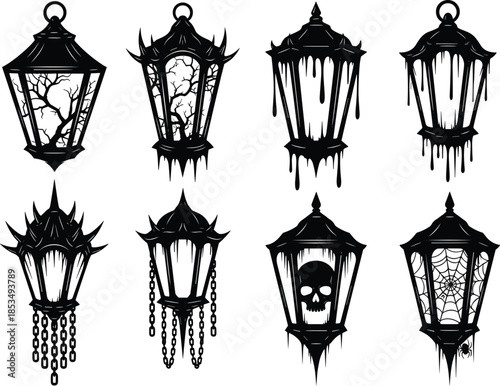 Spooky Halloween lantern silhouette set, gothic horror lamp icons with skulls, spider webs, chains, dripping slime, and creepy dead trees.