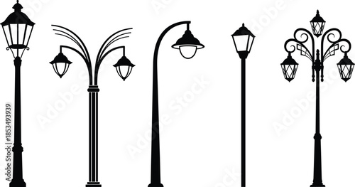 Street lamp silhouette set, vintage and modern outdoor lighting icons, classic city lamppost collection, urban light pole vectors for architecture.