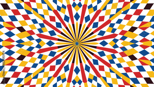 Geometric and colorful radial pattern with diamond shapes and bright eye catching colors