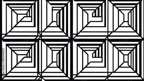 Geometric black and white abstract pattern of squares creates a repeating design