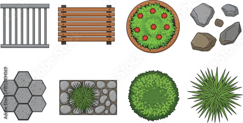 Top view garden landscape elements including park bench, flowering shrubs, stone paving, decorative rocks, and green bushes for architectural plan concepts