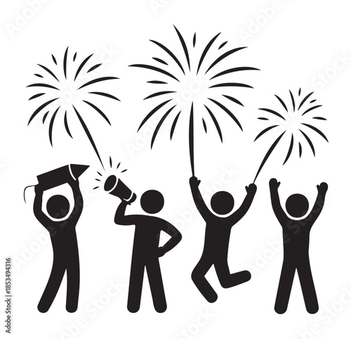 People Celebrating with Fireworks and Graduation Cap Vectot on a White Background