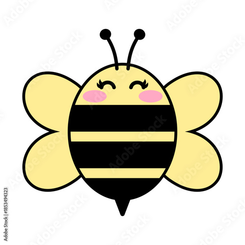 Cute smiling bee illustration with yellow wing and striped body, playful pink cheek and antenna, flat vector style evokes cheerful spring and nature scene