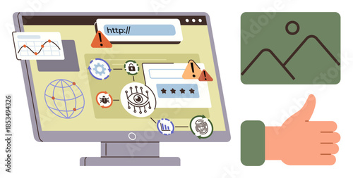 Computer screen with warning alerts, threat icons, online safety elements, and a hand giving a thumbs-up. Ideal for internet security, data protection, privacy awareness, system threats, compliance