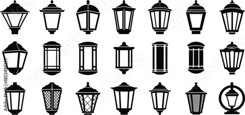 Vintage lantern head silhouette set, antique street lamp icons, outdoor lighting collection, classic wrought iron light fixtures for urban design.