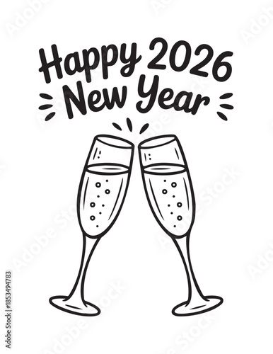 Champagne Glasses Celebrating Happy 2026 New Year Vectot on a White Background